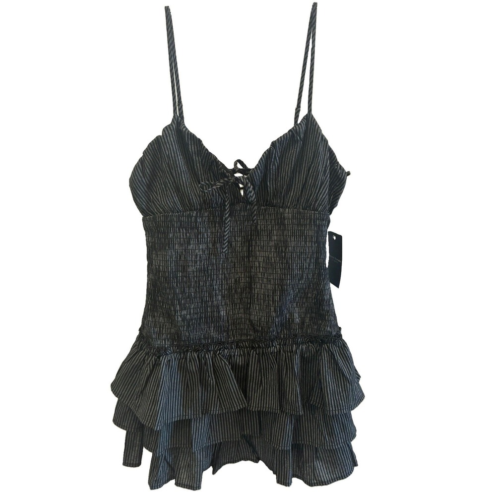 Mixed Threads~ Women's Black/Gray Striped Sweetheart Goth Smocked Ruffle Mini~XL